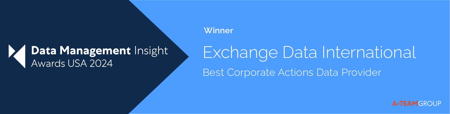 Dark and Royal blue banner. In white type it reads " Winner Exchange Data International, Best Corporate Actions Data Provider".