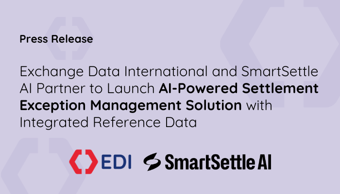 Featured Image with a lilac background and type in black, reading "EDI and SmartSettle AI collaborate to provide clients with AI Settlement Exception Management Solution".